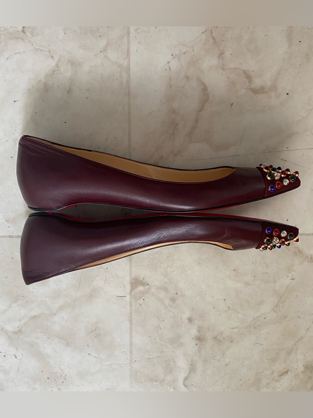 Christian Louboutin Cabo Burgundy Leather Studded Pointed Toe Ballet Flats 6.5 - Picture 3 of 10